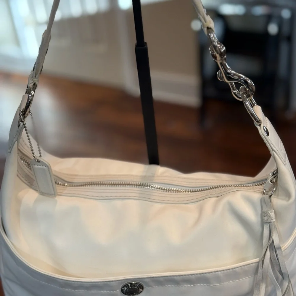 Coach White Nylon Leatherwear Hobo Bag with Tassel